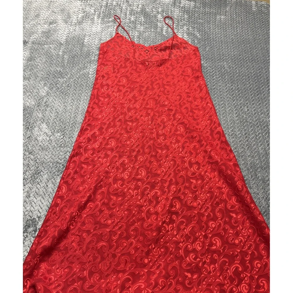 Lucie Ann Nightgown Red Brocade Small Slip Sheer Embroidered‎ Strappy Vintage